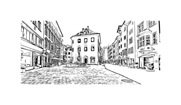 Schaffhausen, İsviçre 'de yer alan bir şehirdir. Vektörde elle çizilmiş çizim çizimi. 