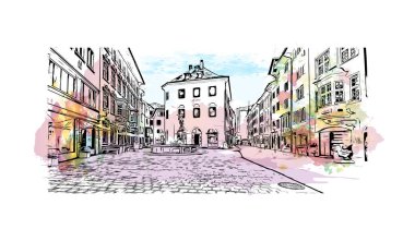 Schaffhausen, İsviçre 'de yer alan bir şehirdir. Vektörde elle çizilmiş resim ile suluboya sıçraması. 