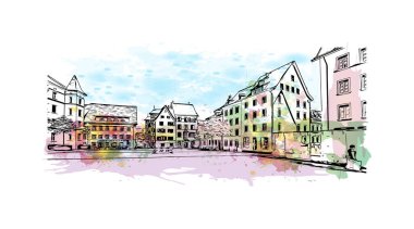 Schaffhausen, İsviçre 'de yer alan bir şehirdir. Vektörde elle çizilmiş resim ile suluboya sıçraması. 