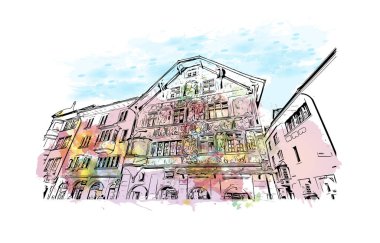 Schaffhausen, İsviçre 'de yer alan bir şehirdir. Vektörde elle çizilmiş resim ile suluboya sıçraması. 