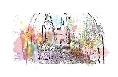 Schaffhausen, İsviçre 'de yer alan bir şehirdir. Vektörde elle çizilmiş resim ile suluboya sıçraması. 