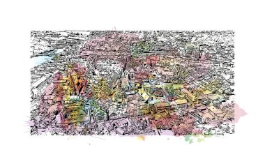 Schaffhausen, İsviçre 'de yer alan bir şehirdir. Vektörde elle çizilmiş resim ile suluboya sıçraması. 