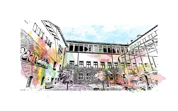 Schaffhausen, İsviçre 'de yer alan bir şehirdir. Vektörde elle çizilmiş resim ile suluboya sıçraması. 