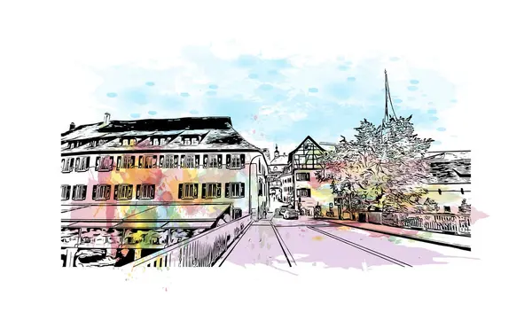 Schaffhausen, İsviçre 'de yer alan bir şehirdir. Vektörde elle çizilmiş resim ile suluboya sıçraması. 