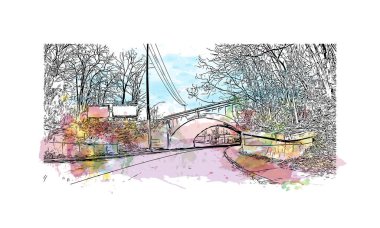 Schenectady 'nin simgesi olan Print Building View, New York' ta bulunan bir şehirdir. Vektörde elle çizilmiş resim ile suluboya sıçraması.