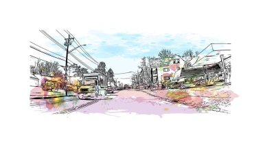 Schenectady 'nin simgesi olan Print Building View, New York' ta bulunan bir şehirdir. Vektörde elle çizilmiş resim ile suluboya sıçraması.