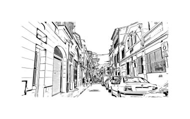 Sitges 'in simgesi olan Print Building View İspanya' da yer almaktadır. Vektörde elle çizilmiş çizim çizimi.