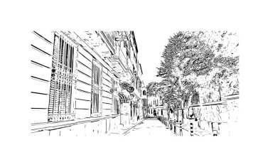 Sitges 'in simgesi olan Print Building View İspanya' da yer almaktadır. Vektörde elle çizilmiş çizim çizimi.