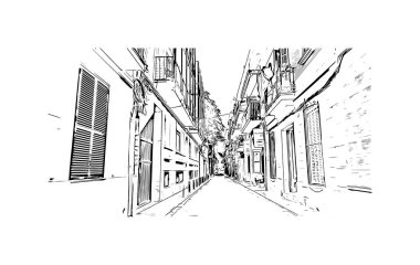 Sitges 'in simgesi olan Print Building View İspanya' da yer almaktadır. Vektörde elle çizilmiş çizim çizimi.