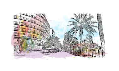 Sitges 'in simgesi olan Print Building View İspanya' da yer almaktadır. Vektörde elle çizilmiş resim ile suluboya sıçraması.