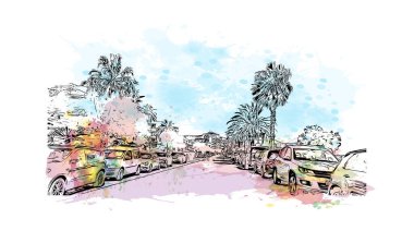 Sitges 'in simgesi olan Print Building View İspanya' da yer almaktadır. Vektörde elle çizilmiş resim ile suluboya sıçraması.