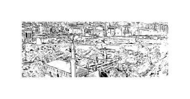 Üsküp 'ün simgesi olan Print Building, Makedonya Cumhuriyeti' nin başkenti. Vektörde elle çizilmiş çizim çizimi.  