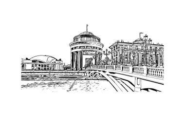 Üsküp 'ün simgesi olan Print Building, Makedonya Cumhuriyeti' nin başkenti. Vektörde elle çizilmiş çizim çizimi.  