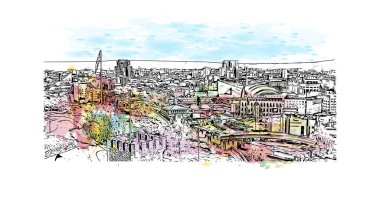 Üsküp 'ün simgesi olan Print Building, Makedonya Cumhuriyeti' nin başkenti. Vektörde elle çizilmiş resim ile suluboya sıçraması.  