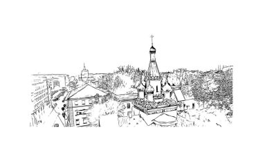Sofya 'nın tarihi manzaralı Print Building Bulgaristan' ın başkentidir. Vektörde elle çizilmiş çizim çizimi.