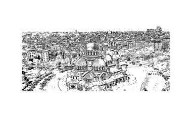 Sofya 'nın tarihi manzaralı Print Building Bulgaristan' ın başkentidir. Vektörde elle çizilmiş çizim çizimi.