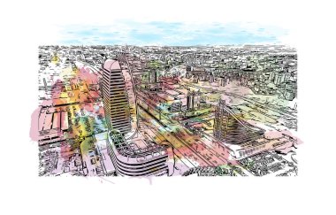 Sofya 'nın tarihi manzaralı Print Building Bulgaristan' ın başkentidir. Vektörde elle çizilmiş resim ile suluboya sıçraması.