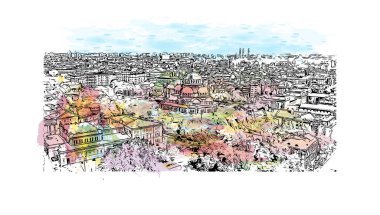 Sofya 'nın tarihi manzaralı Print Building Bulgaristan' ın başkentidir. Vektörde elle çizilmiş resim ile suluboya sıçraması.