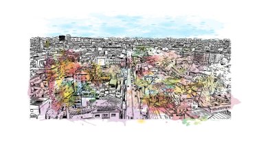 Sofya 'nın tarihi manzaralı Print Building Bulgaristan' ın başkentidir. Vektörde elle çizilmiş resim ile suluboya sıçraması.