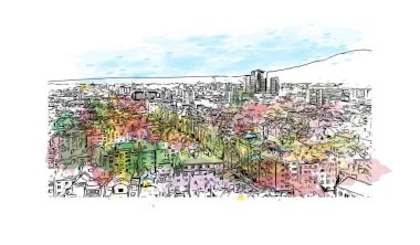 Sofya 'nın tarihi manzaralı Print Building Bulgaristan' ın başkentidir. Vektörde elle çizilmiş resim ile suluboya sıçraması.