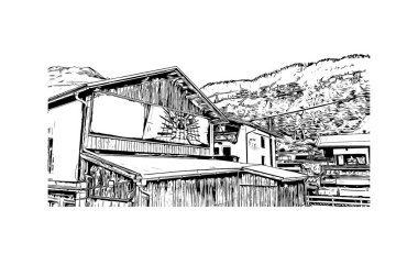 Print Building view with landmark of Solden, Avusturya 'da bir şehirdir. Vektörde elle çizilmiş çizim çizimi.