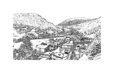 Print Building view with landmark of Solden, Avusturya 'da bir şehirdir. Vektörde elle çizilmiş çizim çizimi.