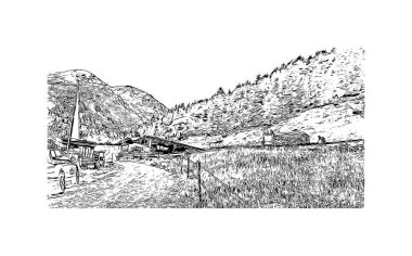 Print Building view with landmark of Solden, Avusturya 'da bir şehirdir. Vektörde elle çizilmiş çizim çizimi.