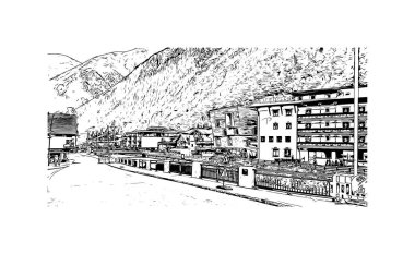 Print Building view with landmark of Solden, Avusturya 'da bir şehirdir. Vektörde elle çizilmiş çizim çizimi.
