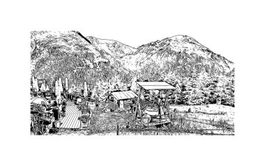 Print Building view with landmark of Solden, Avusturya 'da bir şehirdir. Vektörde elle çizilmiş çizim çizimi.