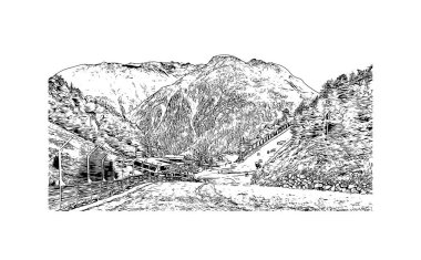 Print Building view with landmark of Solden, Avusturya 'da bir şehirdir. Vektörde elle çizilmiş çizim çizimi.