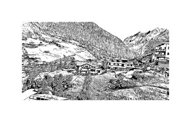 Print Building view with landmark of Solden, Avusturya 'da bir şehirdir. Vektörde elle çizilmiş çizim çizimi.