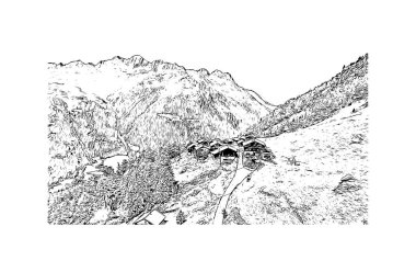 Print Building view with landmark of Solden, Avusturya 'da bir şehirdir. Vektörde elle çizilmiş çizim çizimi.