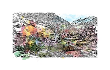 Print Building view with landmark of Solden, Avusturya 'da bir şehirdir. Vektörde elle çizilmiş resim ile suluboya sıçraması.