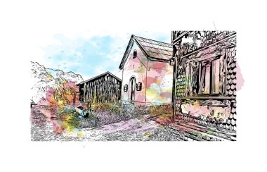 Print Building view with landmark of Solden, Avusturya 'da bir şehirdir. Vektörde elle çizilmiş resim ile suluboya sıçraması.