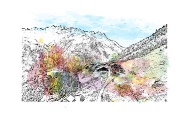 Print Building view with landmark of Solden, Avusturya 'da bir şehirdir. Vektörde elle çizilmiş resim ile suluboya sıçraması.