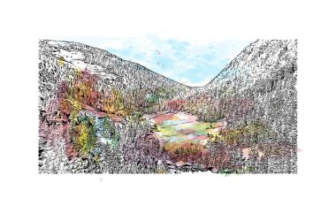 Print Building view with landmark of Solden, Avusturya 'da bir şehirdir. Vektörde elle çizilmiş resim ile suluboya sıçraması.