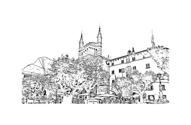 Soller 'in simgesi olan Print Building View İspanya' da yer almaktadır. Vektörde elle çizilmiş çizim çizimi.