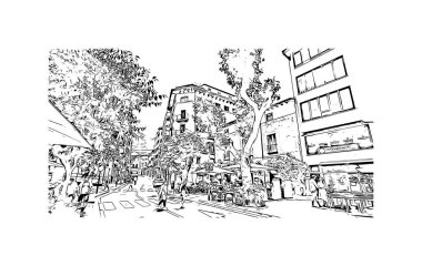 Soller 'in simgesi olan Print Building View İspanya' da yer almaktadır. Vektörde elle çizilmiş çizim çizimi.