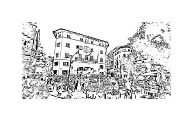 Soller 'in simgesi olan Print Building View İspanya' da yer almaktadır. Vektörde elle çizilmiş çizim çizimi.