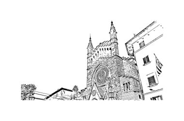 Soller 'in simgesi olan Print Building View İspanya' da yer almaktadır. Vektörde elle çizilmiş çizim çizimi.