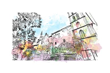 Soller 'in simgesi olan Print Building View İspanya' da yer almaktadır. Vektörde elle çizilmiş resim ile suluboya sıçraması.