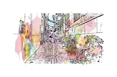 Soller 'in simgesi olan Print Building View İspanya' da yer almaktadır. Vektörde elle çizilmiş resim ile suluboya sıçraması.