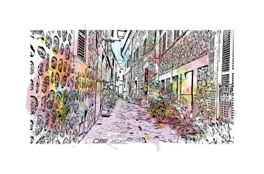Soller 'in simgesi olan Print Building View İspanya' da yer almaktadır. Vektörde elle çizilmiş resim ile suluboya sıçraması.