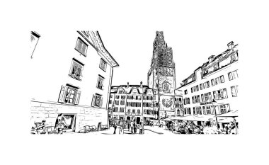 Solothurn, İsviçre 'de yer alan bir şehirdir. Vektörde elle çizilmiş çizim çizimi.