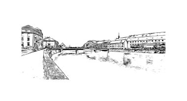 Solothurn, İsviçre 'de yer alan bir şehirdir. Vektörde elle çizilmiş çizim çizimi.