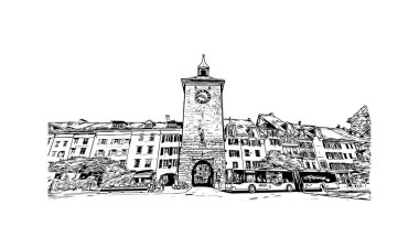 Solothurn, İsviçre 'de yer alan bir şehirdir. Vektörde elle çizilmiş çizim çizimi.
