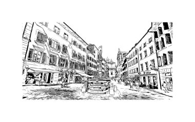 Solothurn, İsviçre 'de yer alan bir şehirdir. Vektörde elle çizilmiş çizim çizimi.