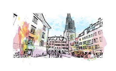 Solothurn, İsviçre 'de yer alan bir şehirdir. Vektörde elle çizilmiş resim ile suluboya sıçraması.