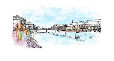 Solothurn, İsviçre 'de yer alan bir şehirdir. Vektörde elle çizilmiş resim ile suluboya sıçraması.