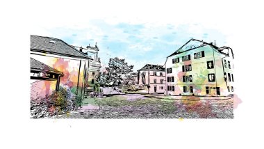 Solothurn, İsviçre 'de yer alan bir şehirdir. Vektörde elle çizilmiş resim ile suluboya sıçraması.
